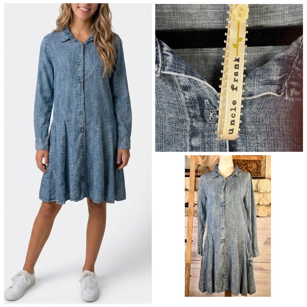 Uncle Frank Tencel Denim Look Button Front Pleated Shirt Dress Blue Relaxed XS